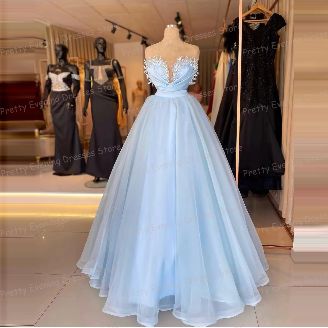 

Exquisite Beading Evening Dresses Sweetheart A Line Women's Sexy Sleeveless Prom Gowns Fluffy Tulle Princess Vestidos De Fiesta