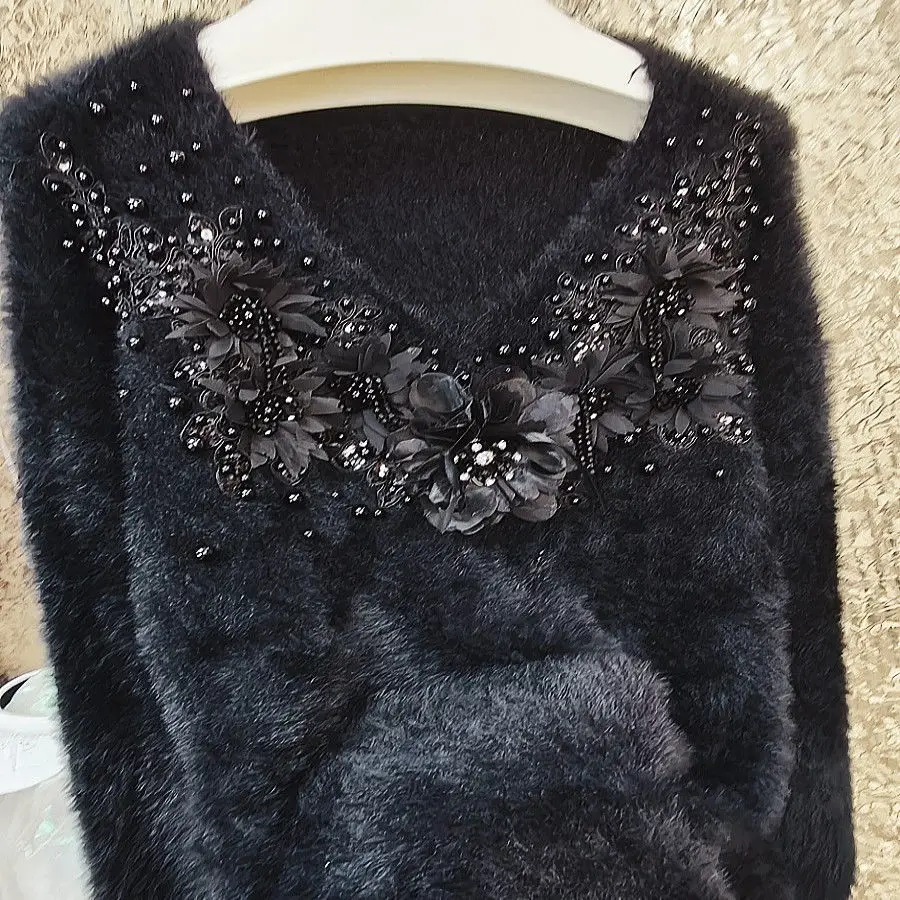 Luxury Handmade Black Crystal Beaded Fringed Mohair Sweater Sequined 3D Flowers Tassels Pullovers Mink Cashmere Knitwear Tops