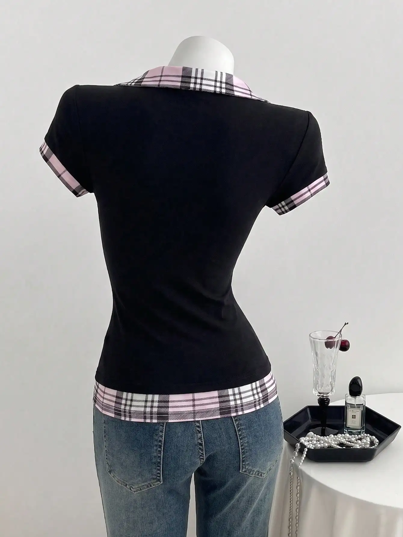 Women Lapel Fake Two Piece Short Sleeve Tee Slim Cropped Ruched Button Top Y2K Street Style Casual Daily Dating Outfits
