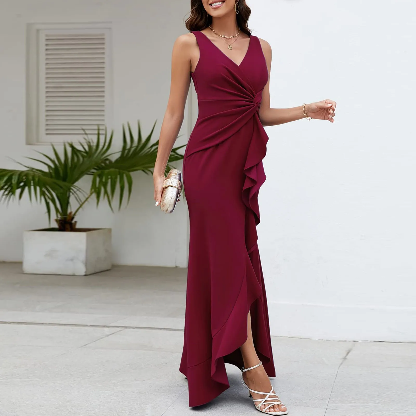 

Women'S Solid Color V-Neck Side High Slit Evening Dress Sleeveless Slim French Evening Dress With Ruffles Elegant Long Dress