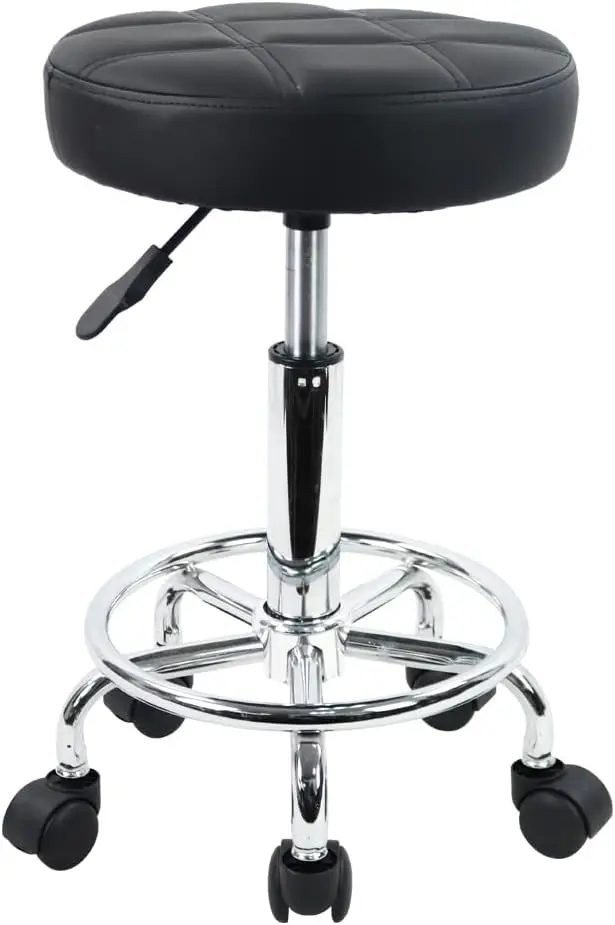 Taburete redondo con ruedas, silla de cuero PU, altura ajustable, giratorio, trabajo de dibujo, tienda de SPA, taburetes de salón con ruedas, silla de oficina