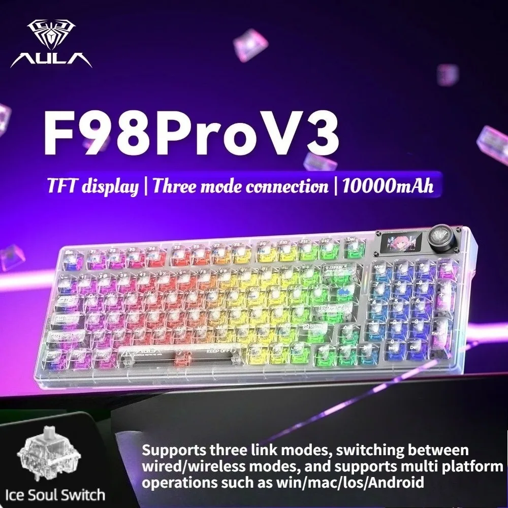 

New AULA F98 Pro V3 Mechanical Keyboard 2.4G Wireless/Bluetooth/Wired E-sports Gaming Keyboard Hifi Switch with Screen and Knob
