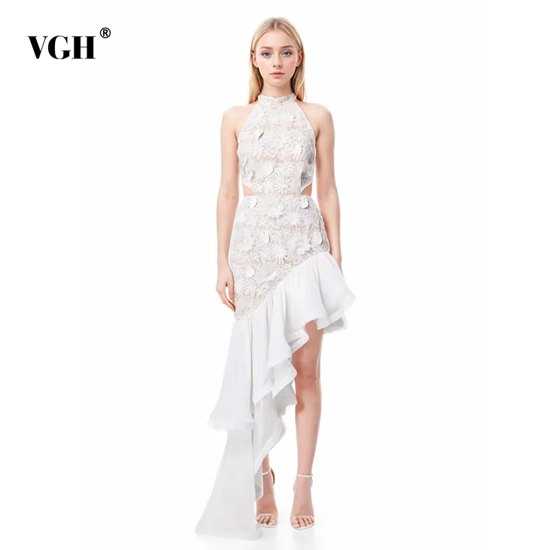 

VGH Hollow Out Patchwork Appliques Long Dresses For Women Stand Collar Sleeveless High Waist Spliced Zipper Elegant Dress Female