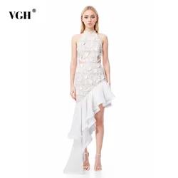 VGH Hollow Out Patchwork Appliques Long Dresses For Women Stand Collar Sleeveless High Waist Spliced Zipper Elegant Dress Female