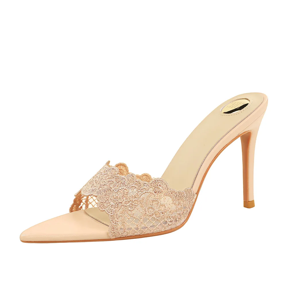 Super High Heel Lace Sexy Open Toe Pointed Toe One Pedal Stiletto Elegant Outer Slippers Women