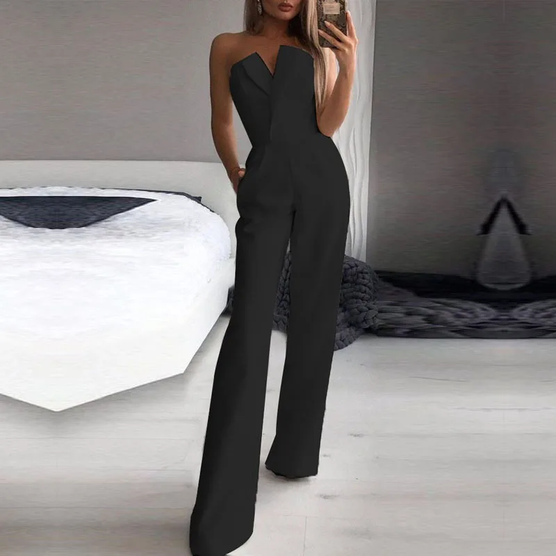 

Jumpsuits Women Sexy Strapless Splice Sleeveless Rompers Straight Pants One Piece Solid High Waist Elegant Ladies Regular