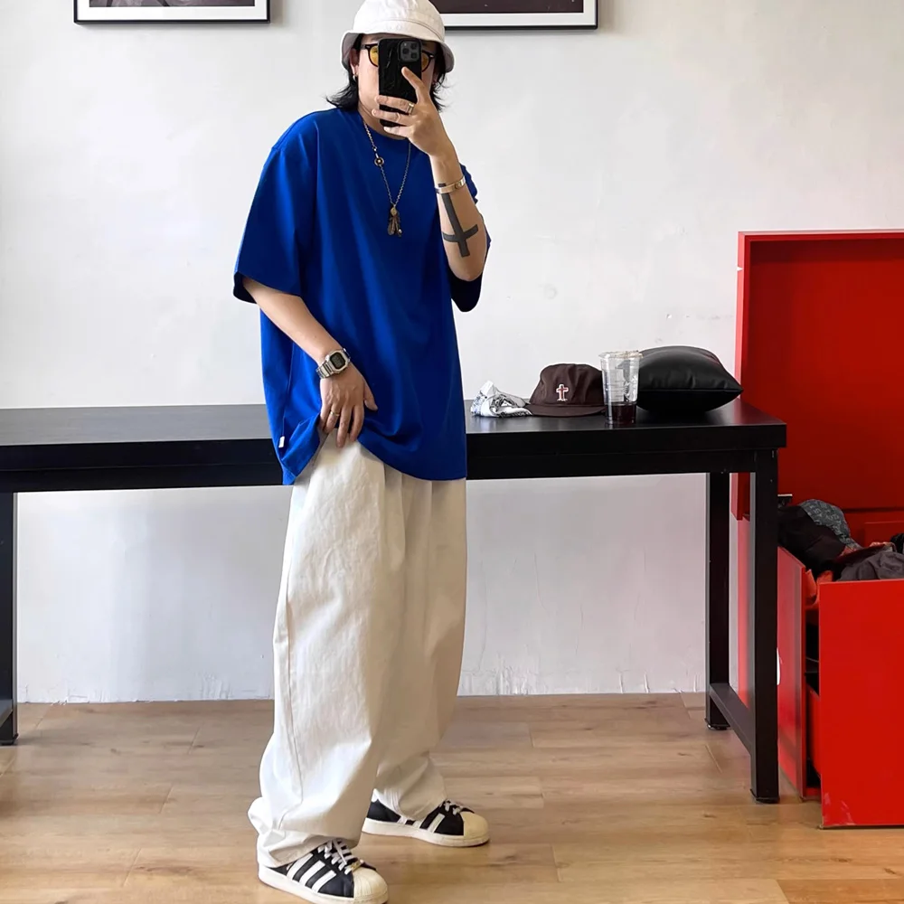 White Pleated Daddy Pants Men Japanese Korean Streetwear Oversize Loose Casual Wide Leg White Cargo Pants Cityboy Harem Trousers