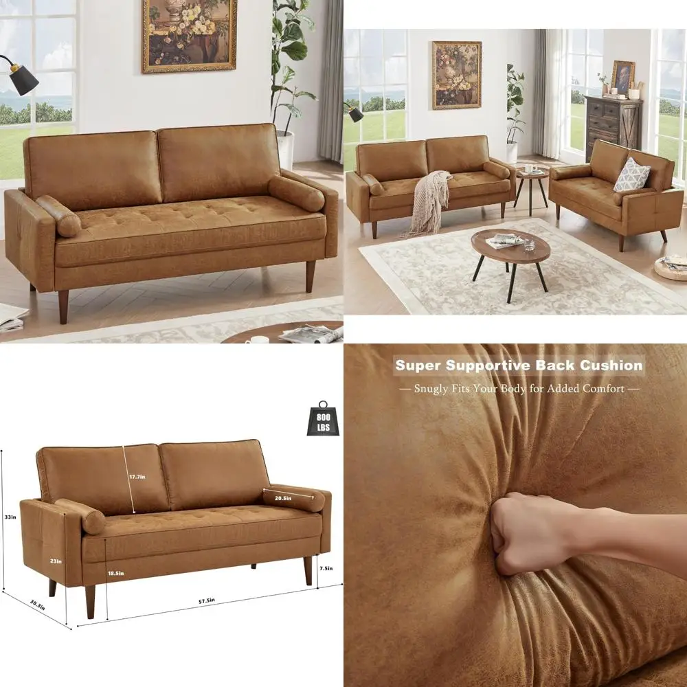 أريكة بمقعدين حديثة لمنتصف القرن مصنوعة من الجلد الصناعي مع مقعد عميق ووسادتين لغرفة المعيشة المنزلية