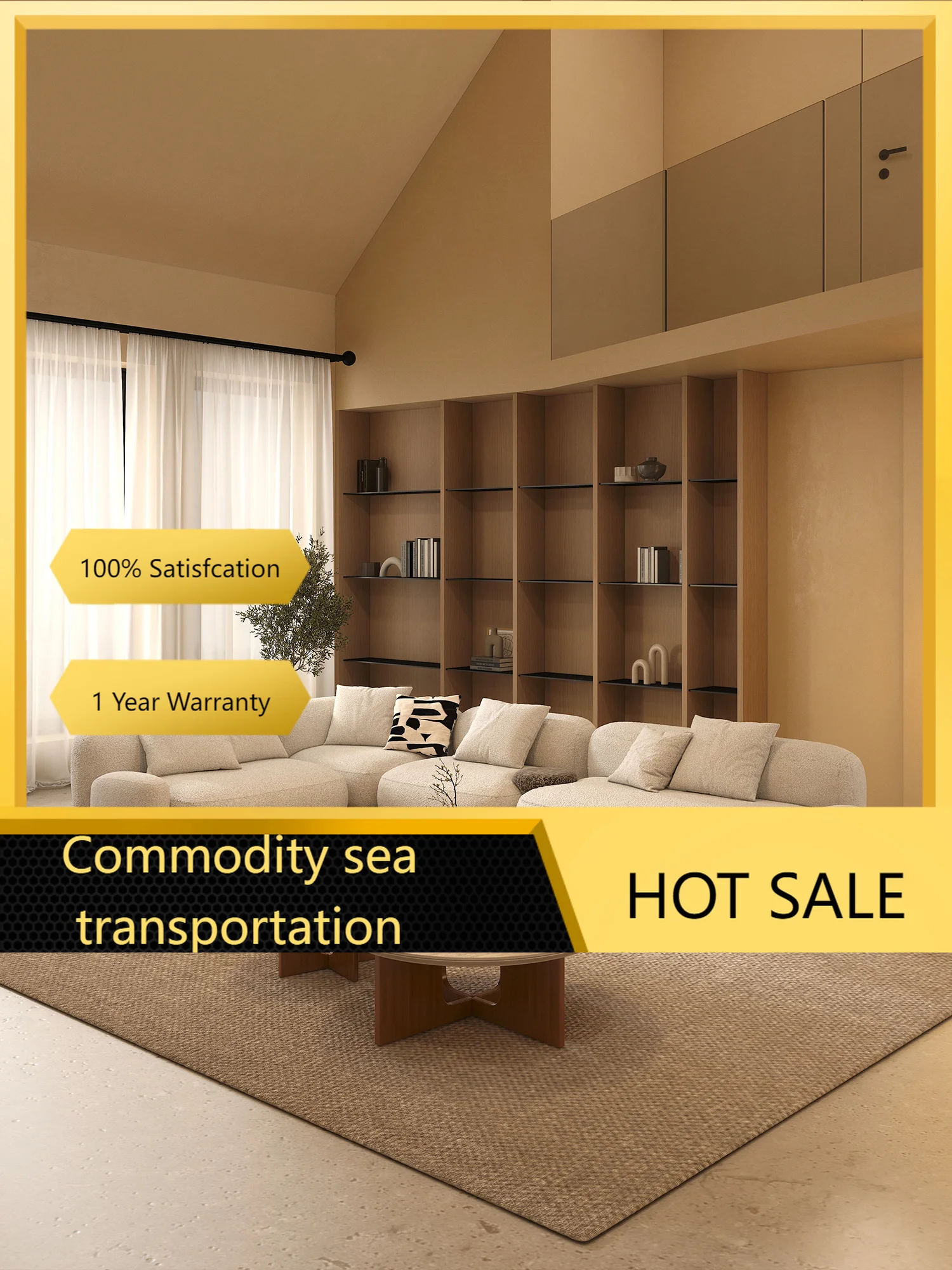 Beige Boucle Curved Corner Sofa L Shaped Modular Sectional Pillow Backrest Walnut Finish Base Deep Seat For Living Room