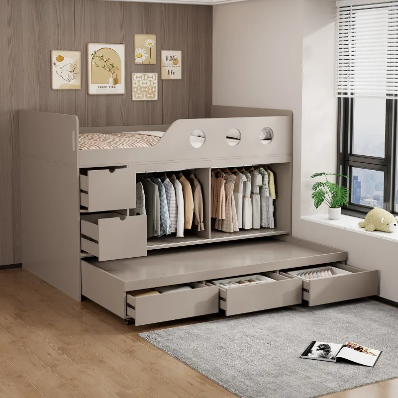 , pull-out child and mother bed, small apartment with storage space, double-layer upper and lower bed integrated cabinet