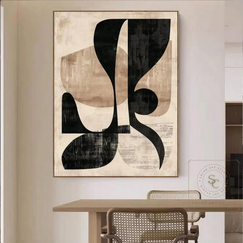 100% Handmade Abstract Oil Painting Black Gray Line Thick Textured Wall Art Picture Large Mural For Home Living Room Decor Image