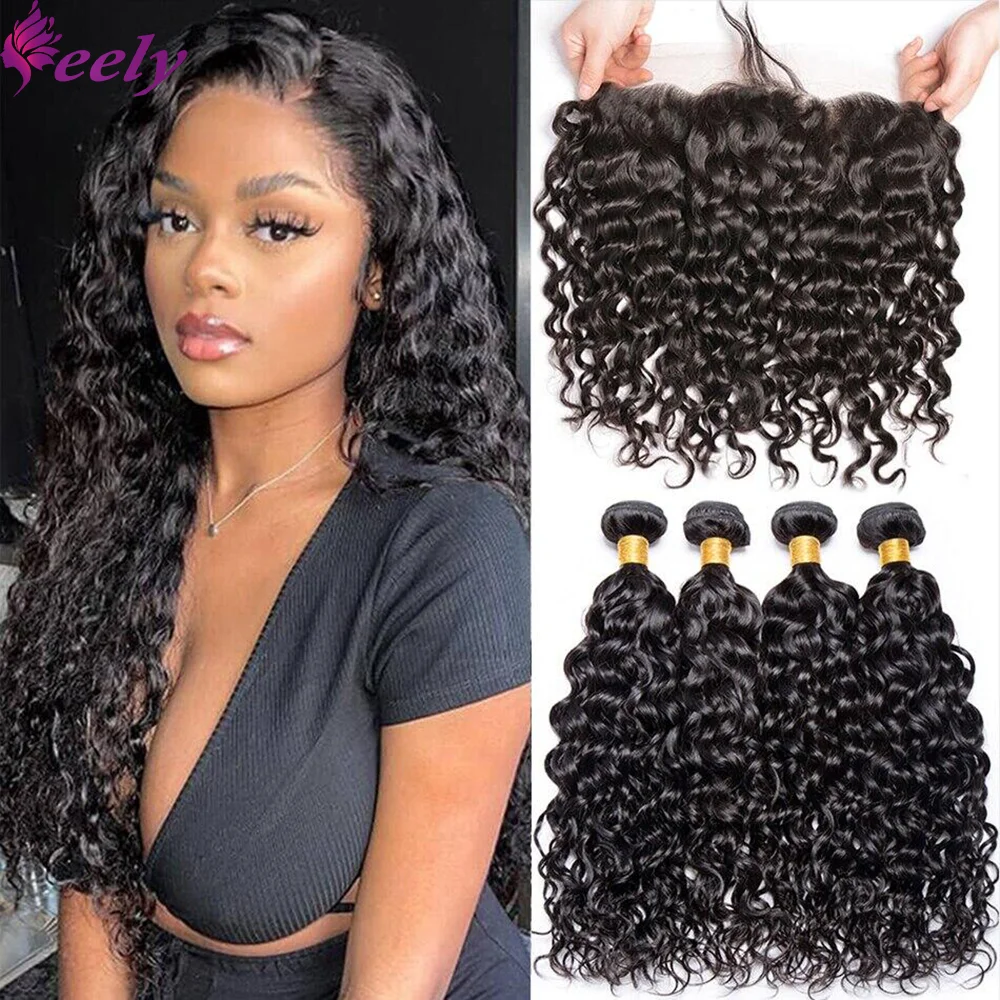 Deep Wave Human Hair Bundles Extensions 13x4 Lace Frontal Tissage Human Hair Bundles With Closure 18 20 22 Inches Natural Black