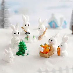 Figurines Miniature Cute Snowman Bunny Christmas Rabbit Micro Landscape Ornament Desk Accessories Fairy Garden Home Decoration