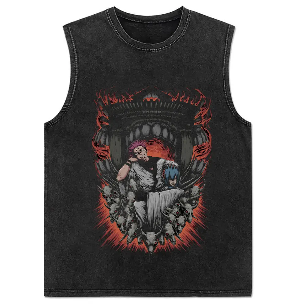 2024 New Vest Summer, Spell Back To War, Anime Printed Cotton Vest Men\'s Washed Retro Sleeveless T-shirt Ins