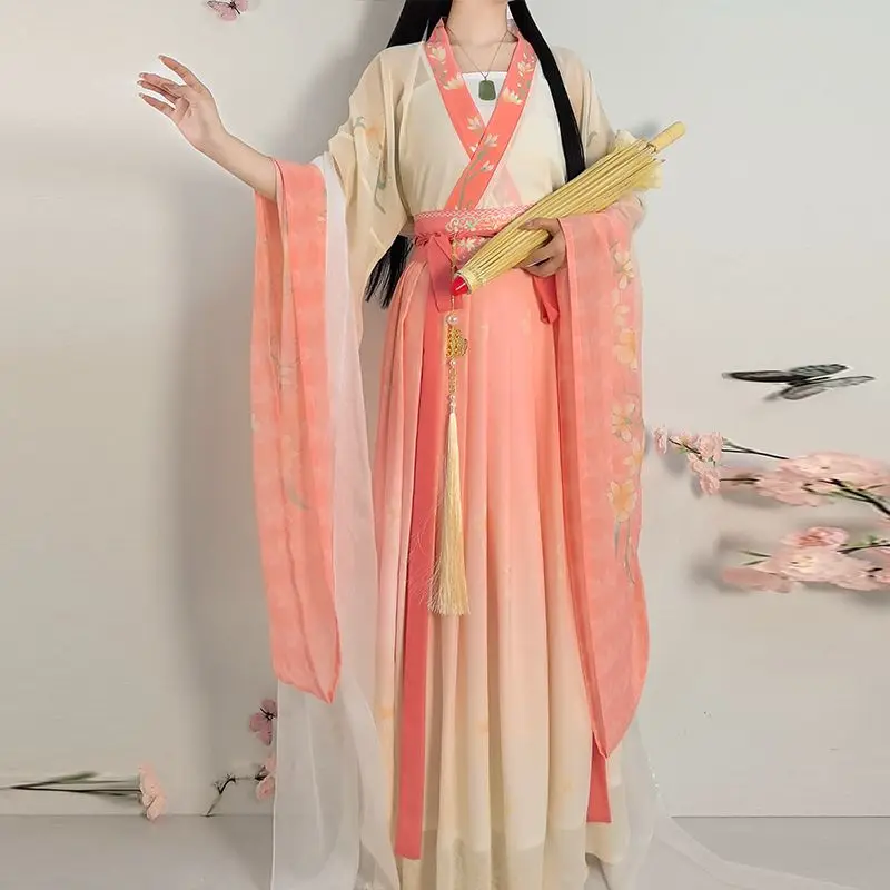 

Chinese Style Women Hanfu Fairy Clothes Big Sleeve One Piece Loose Spring and Autumn Two Piece Set