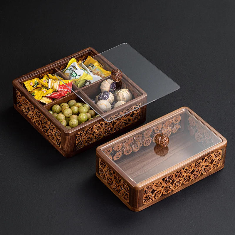 Caja de Aperitivos Dividida de Madera de Nogal Negro y Nogal Americano Hecha a Mano de Primera Calidad, Contenedor de Nueces con Tapa Tradicional Chino, Decoración Artesanal para el Hogar