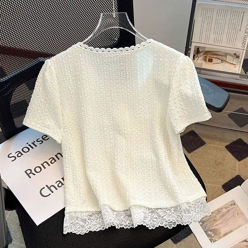 Slimming ort Sve T-irt Women's Lace Trim Patchwork Summer New Sle Outerwear Single Button ort Length Top