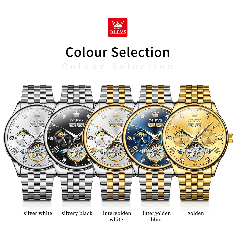 OLEVS 6691นาฬิกาผู้ชาย, นาฬิกากลไกอัตโนมัติอเนกประสงค์กันน้ำข้างแรม