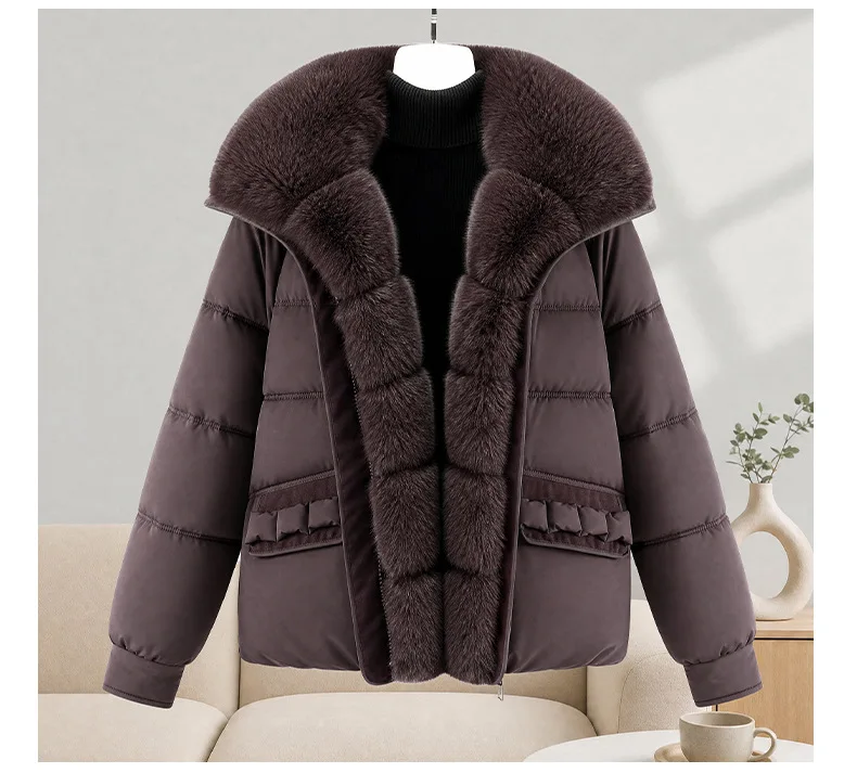 Winter New Solid Color Fur Collar Splicing Short Down Cotton Jacket Women's Thickened Long-sleeved Fashionable Versatile Coat