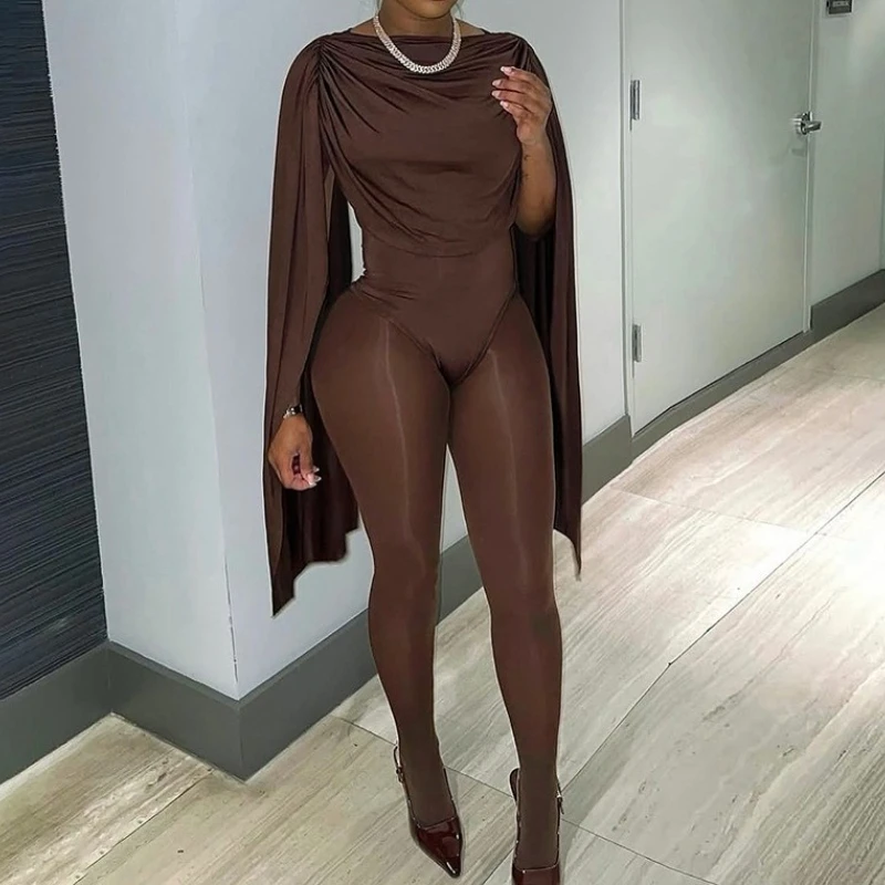 

Elegant Women Jumpsuit Fall 2025 Fashion Patchwork Ruched Shawl Sleeves Slim Casual Streetwear Rompers Overalls Clubwear Female