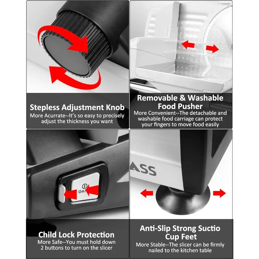 Электрическая нарезка для гастрономов мощностью 200 Вт с 2 съемными лезвиями из нержавеющей стали диаметром 7,5 дюйма и подносом для домашнего использования, регулируемой толщиной