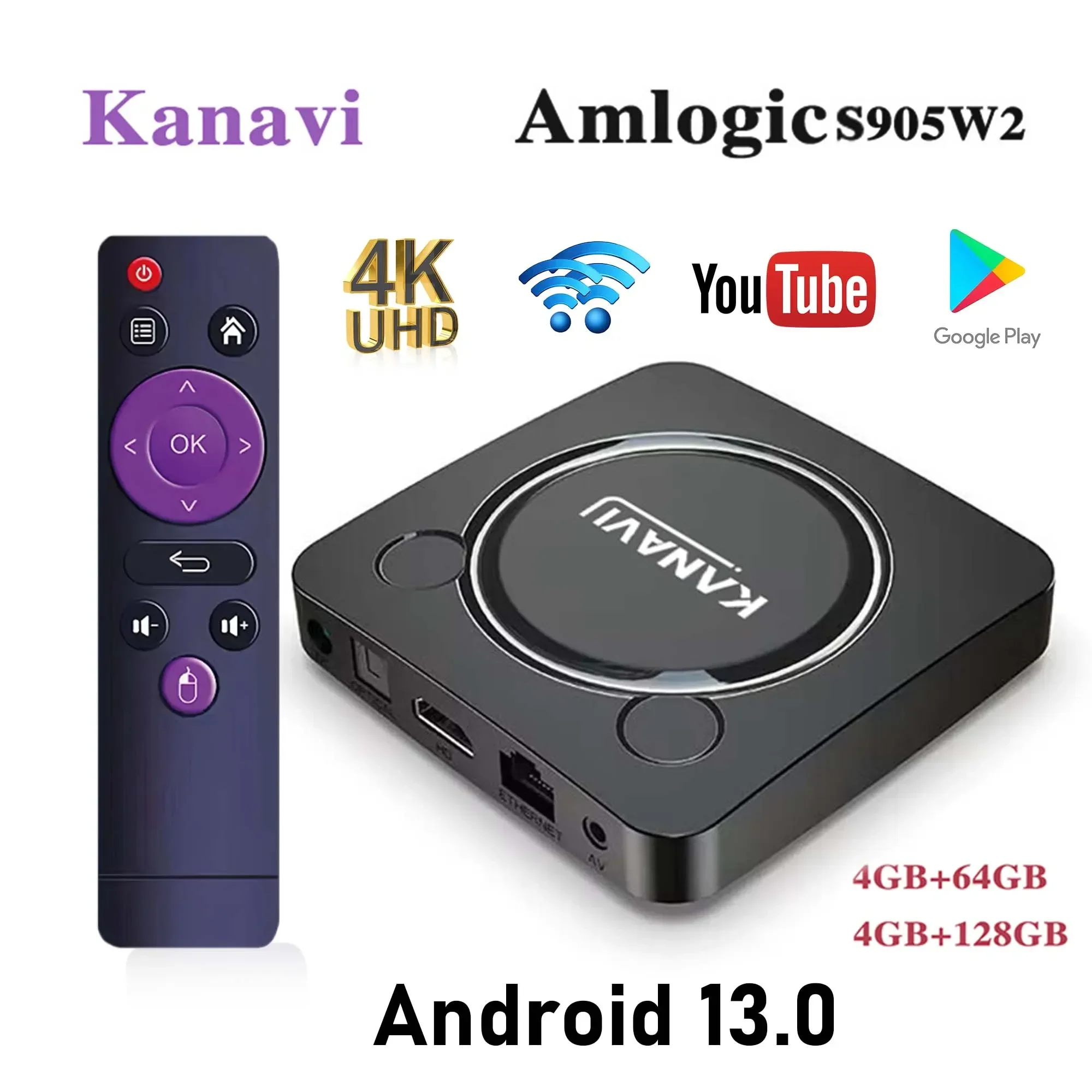 

Android13 Smart TV BOX KANAVI Amlogic S905w2 4K HD Support Dual Wifi Youtube Google play store Chromecast Streaming Media Player