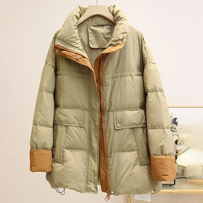 Schinteon Women Down Jacket Stand Collar Over Size Casual Warm Autumn Winter Outwear White Duck Down Color Patchwork Thick Coat