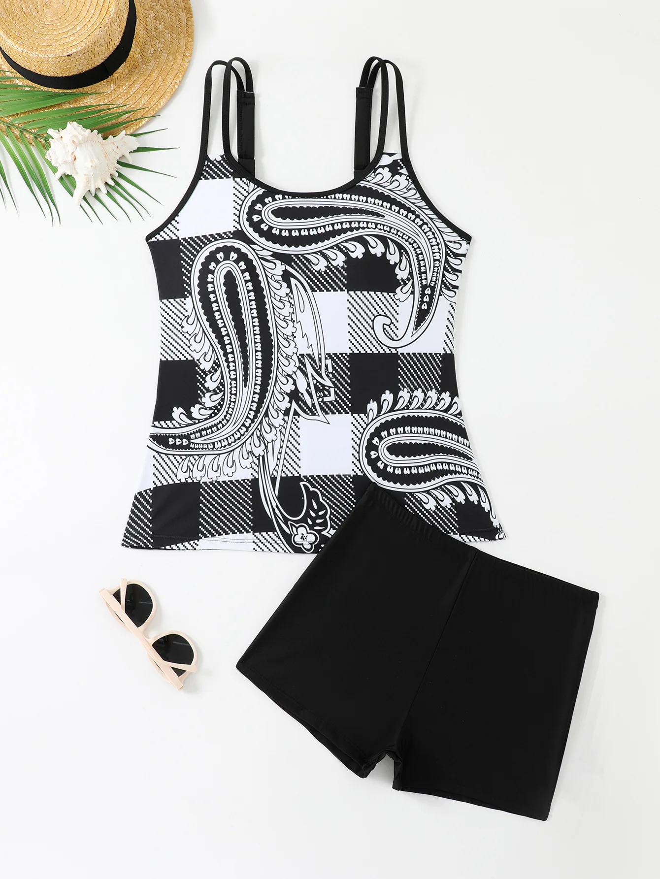 2024 女性のタンキニ水着セットハイウエストボーイショートボトムおなかコントロール夏ツーピースベストパンティースーツ水泳ビーチウェア