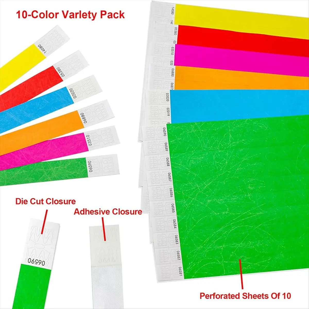 giftnew 5 Color Wristbands for Events - 500 Count Tear Resistant Waterproof ID Bands B