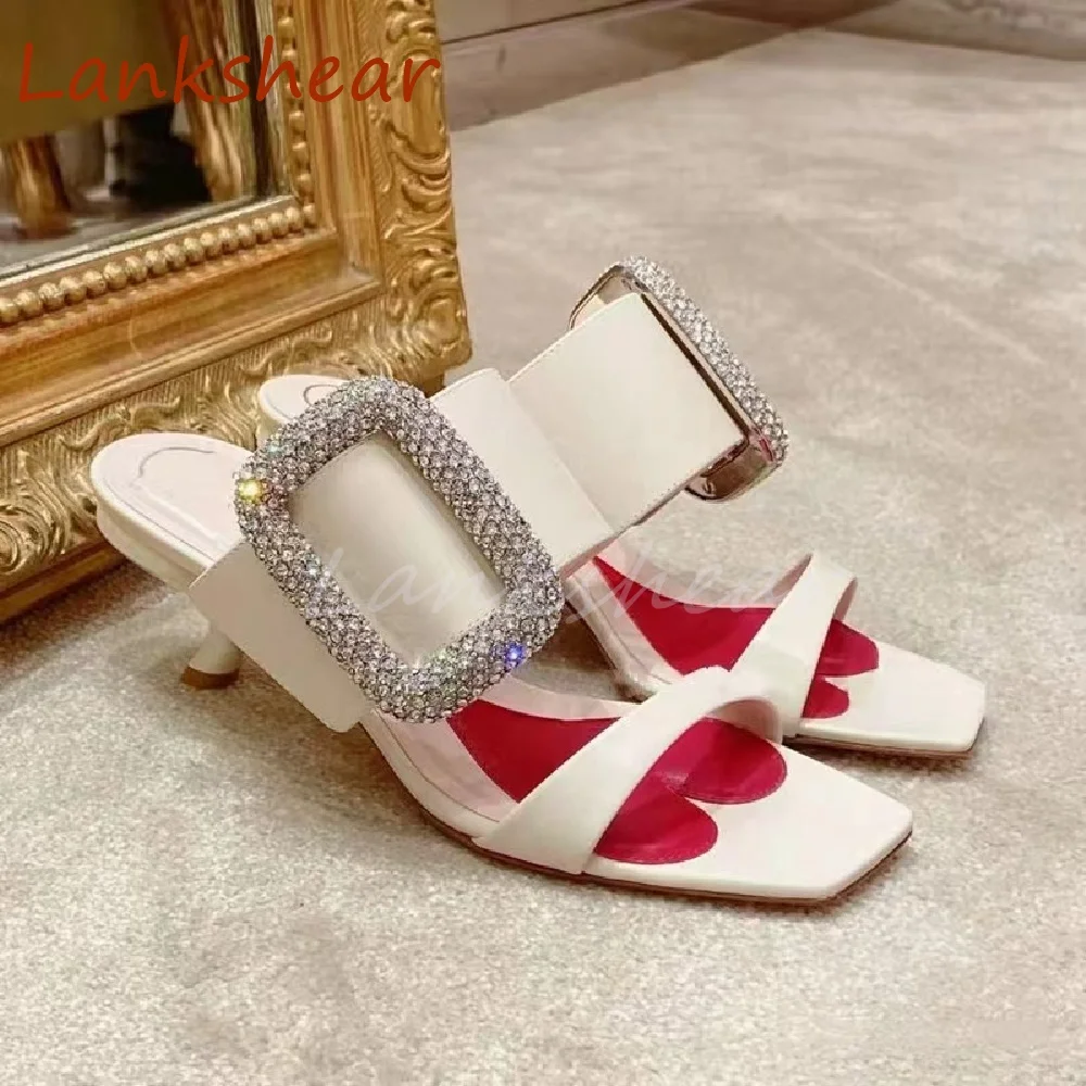 Square Diamond Square Toe Women Slippers Kitten Heel Mixed Color Fashion Slingback Summer Sexy Paty Women Shoe 2024 New Arrivals