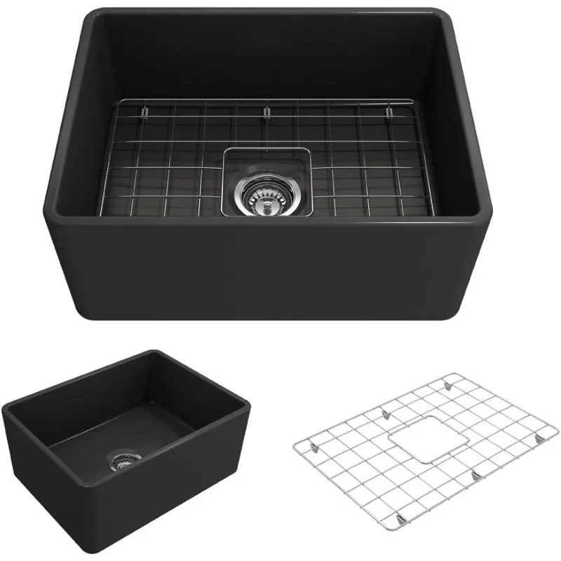 Farmhouse Apron Front Fireclay 24 in. Single Bowl Kitchen Sink with Protective Bottom Grate and Strainer, Dark Gray