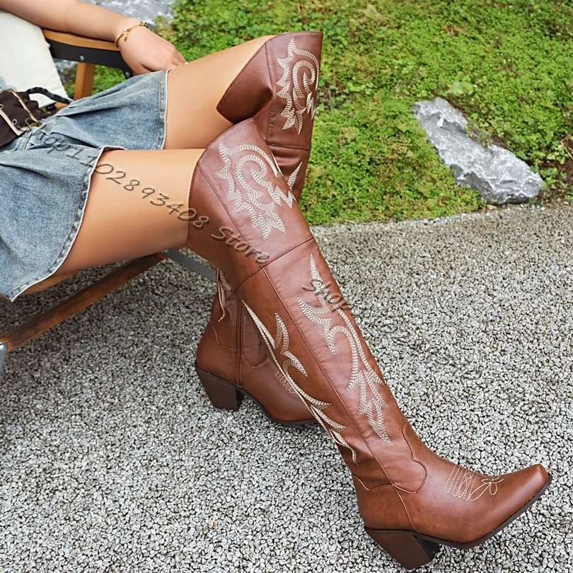 

Brown Sewing Totem Cowboy Boots Women Spring Thick Heels Pointed Toe Side Zipper Boots Over the Knee Shoes Zapatos Para Mujere