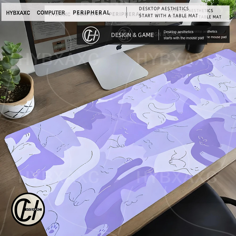 120x60 Cute Cats Desk Mat Purple Mouse Pad Large Gaming Mousepad XXL Keyboard Mat 80x30 Kawaii Pastel Violet Aesthetic Deskmat