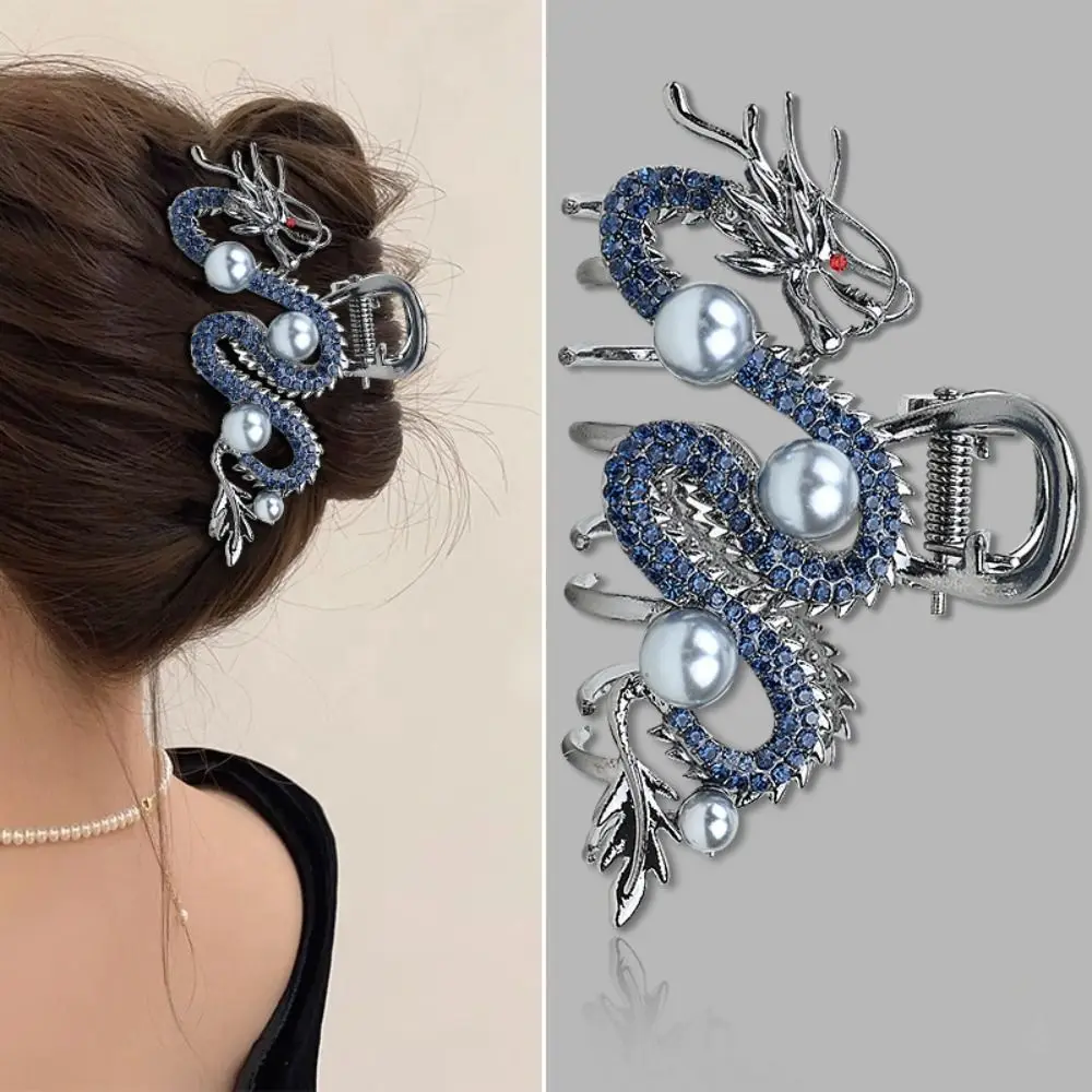 Fashion Blue Dragon Blue Dragon Hairpin Zodiac Alloy Metal with Pearl Simple Shark Clip Metal Hairpin Women