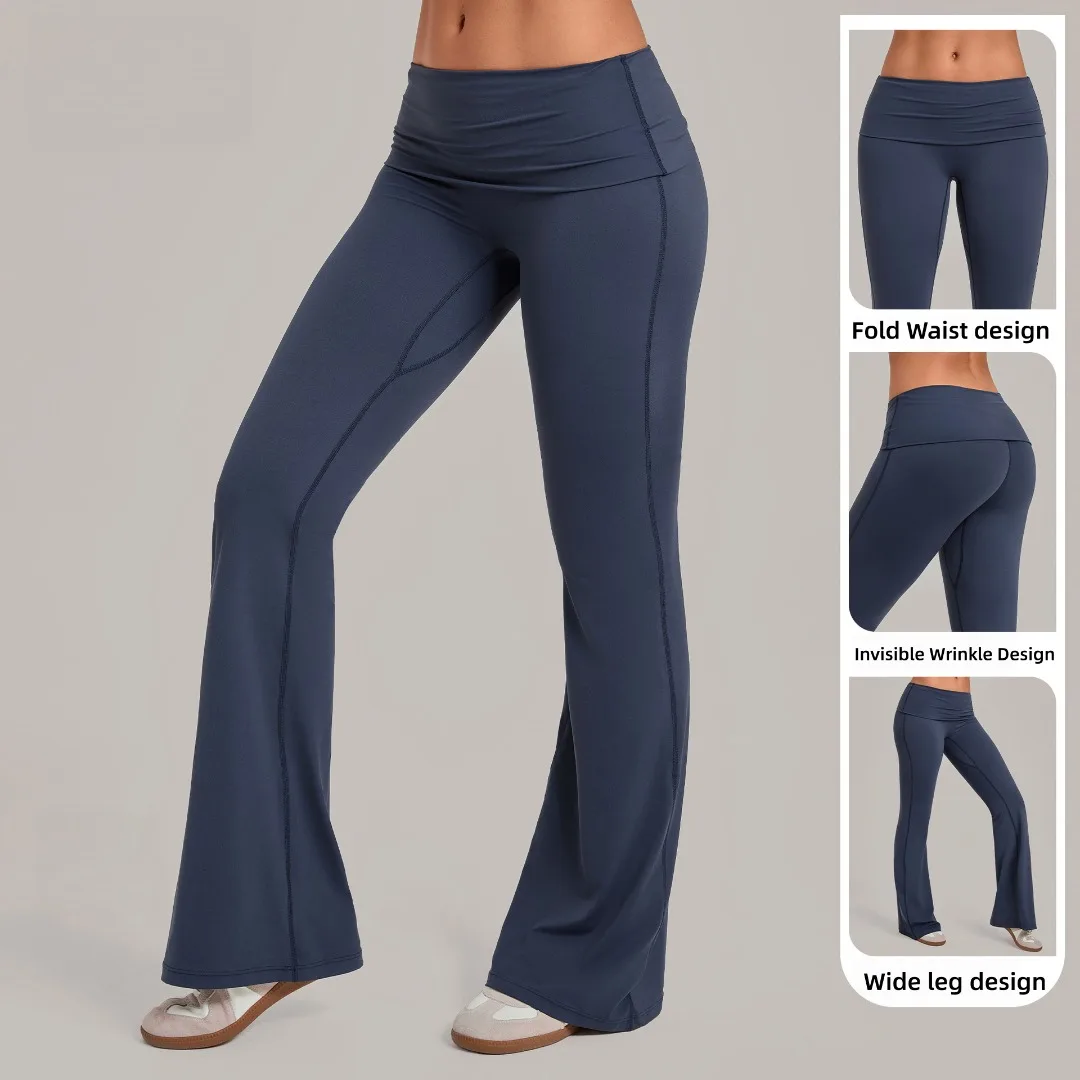 New Women's Yoga Pants Hip-lift Folded Waist Invisible Wrinkle Quick-drying Wide-leg Flared Trousers Nude Sports Yoga Pants