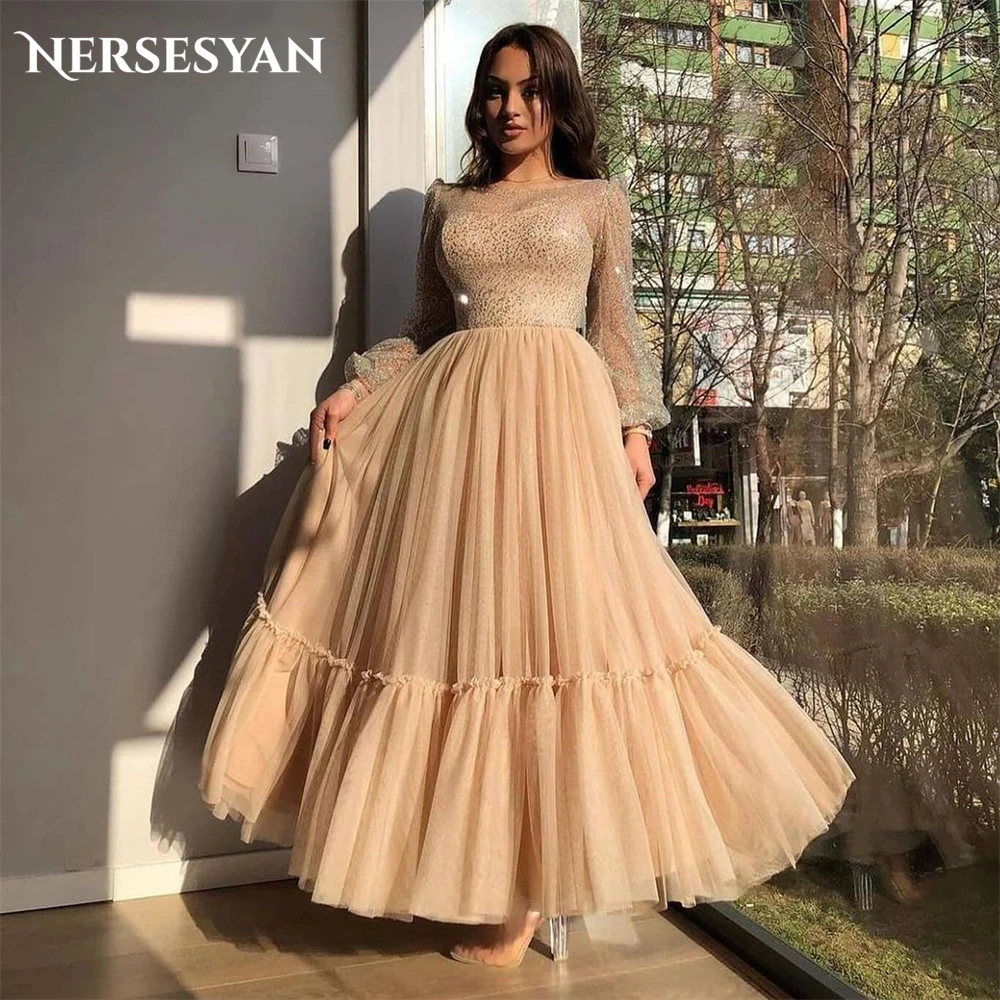 

Nersesyan Champagne Glod Glitter Formal Evening Dresses Lantern Sleeves A-Line Prom Dress Tiered Ankle Length Shiny Party Gowns