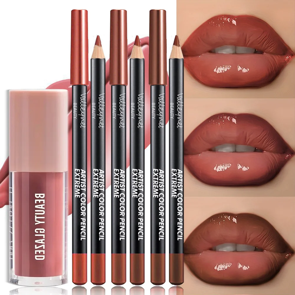 4 TEILE/SATZ Lipgloss Lippenöl Lipliner Lip Combo Set Langlebiger wasserdichter Lipliner 3D Lippen-Make-up Jeder Make-up-Stil