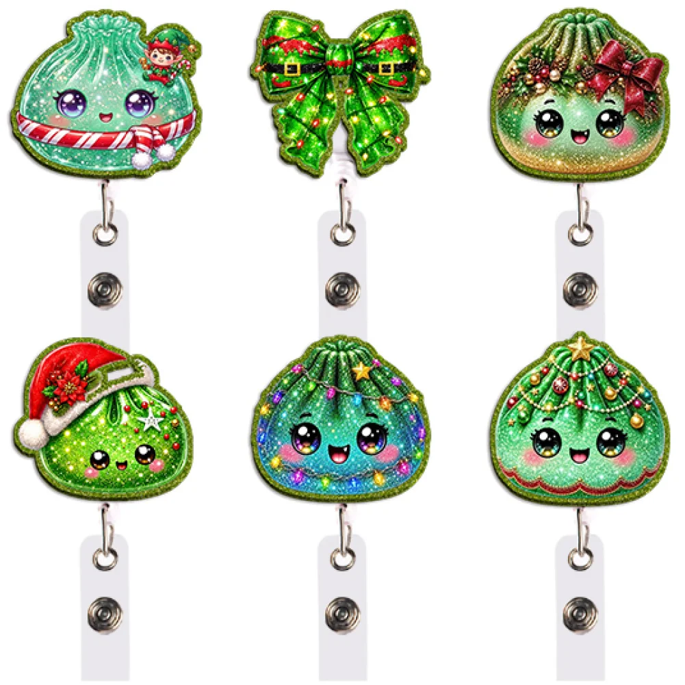 Cute Kawaii Christmas Bao Badge Reel Retractable Clip Green Plaid Bow Candy ID Card Holder Lanyard Medical Worker Gift