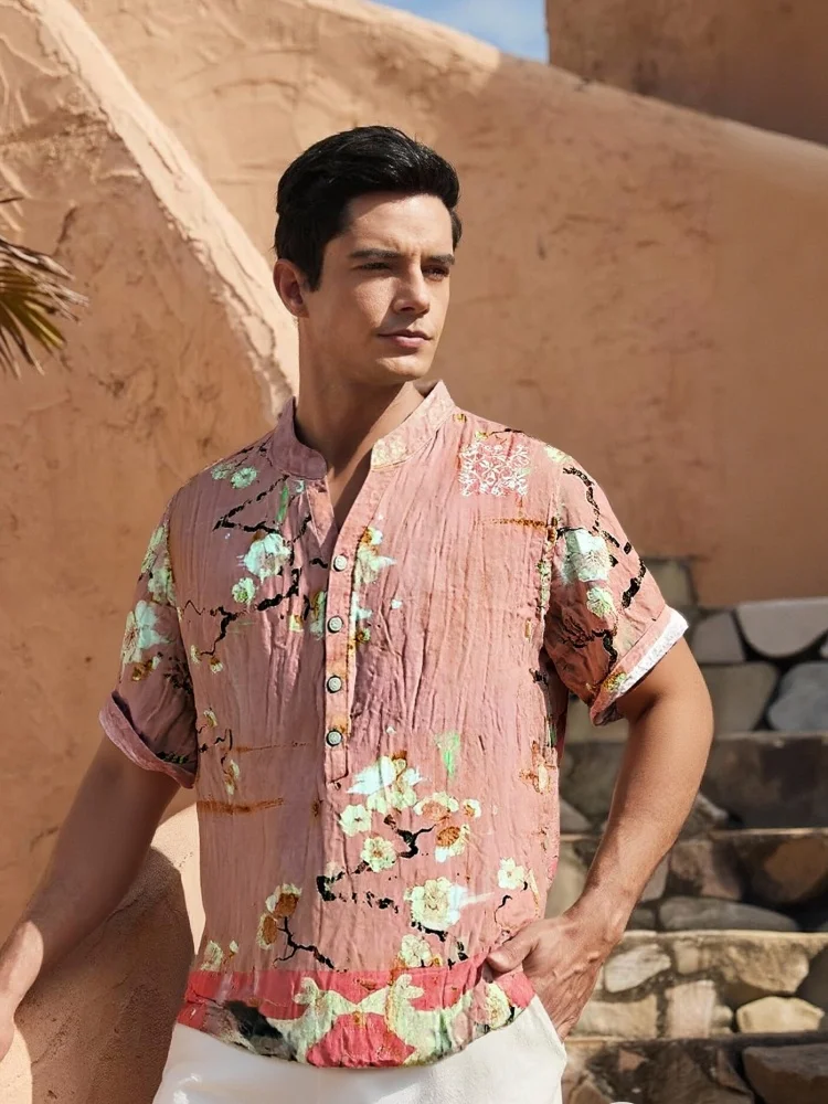 

Мужские праздничные топы, винтажная рубашка из смеси льна с 3d принтом морских волн, японское искусство, новинка 2026, модные новые богемные шикарные туники в стиле Харадзюку