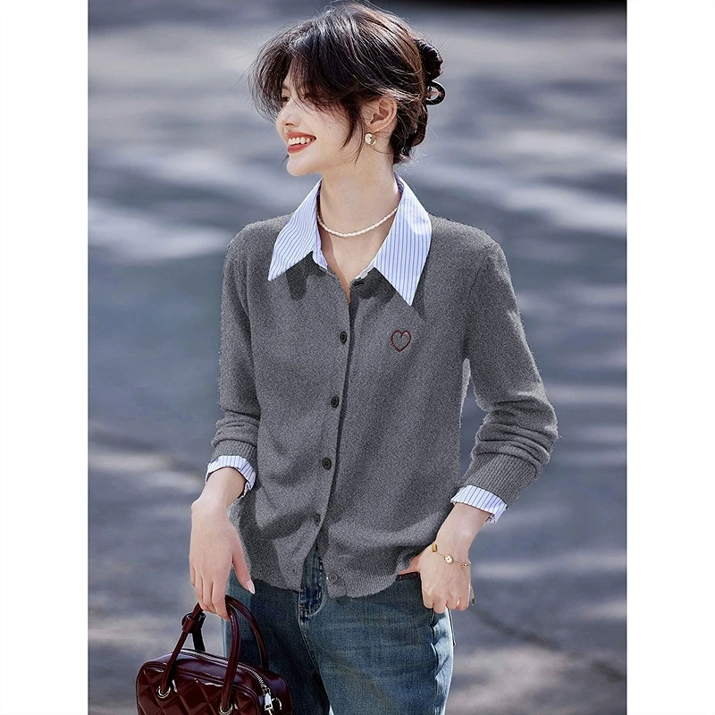 

Women's Spring Autumn New Cardigan French Style Fake Two Piece Knitted Sweater