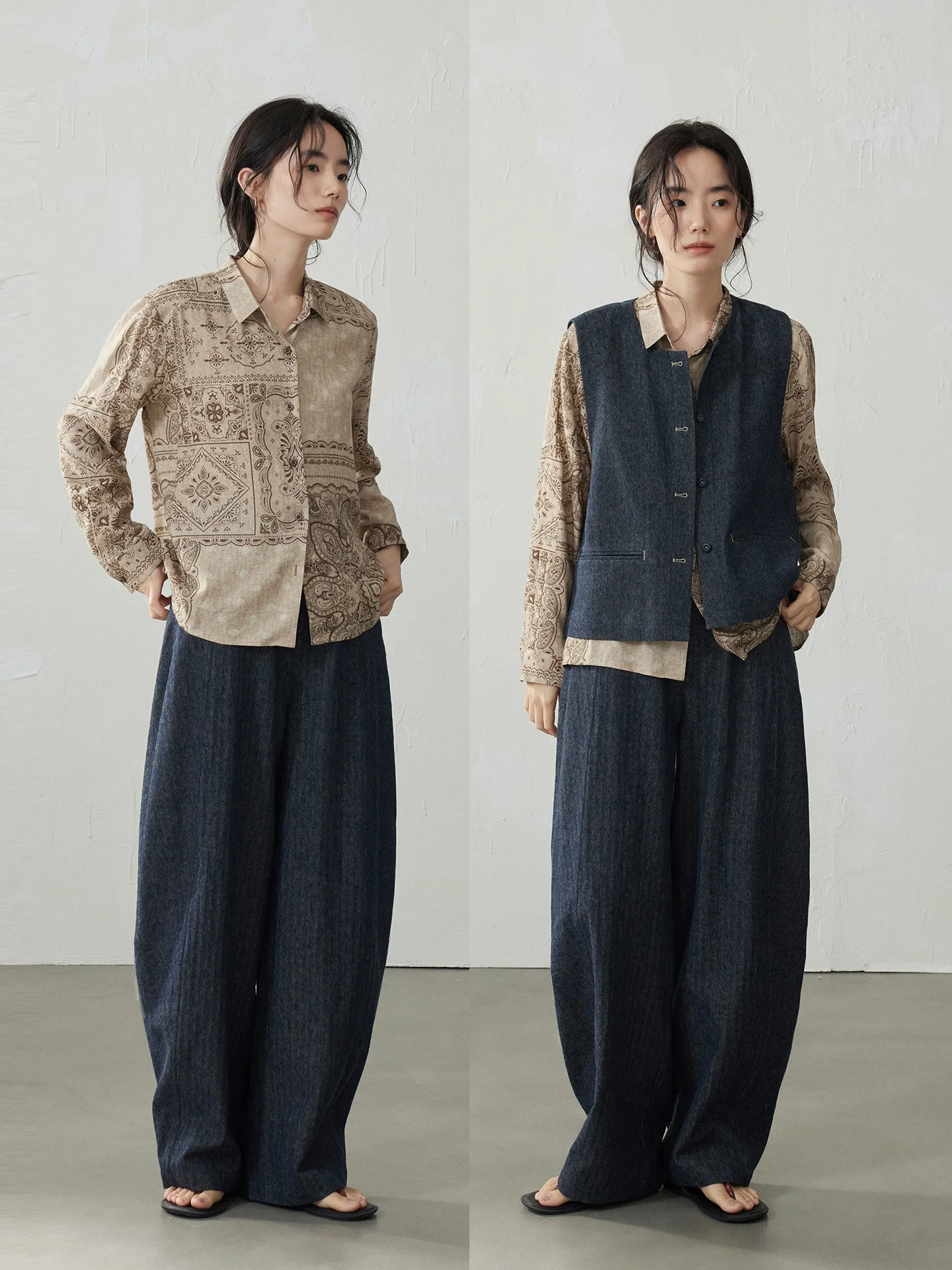 

Nomumad Linen Cotton Blend Long Sve irt Vintage Sle Loose Fit Women's Casual Wear Nut Flower Print Turn-down Collar