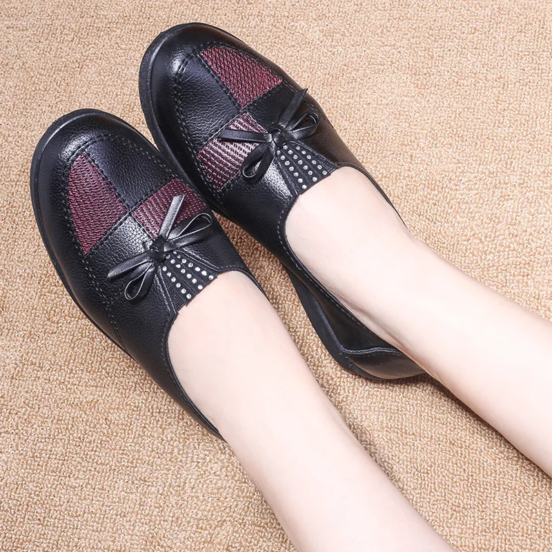 Cheap ballet flats women\'s loafer faux leather shoes ladies moccasins grandma bow barefoot soft walking slip on shoes for nurses