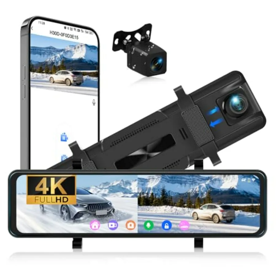 

10.88 Inch Mirror Dash Cam 4K Touchscreen Rear View Mirror Front and Rear Dual Cameras Night Vision G-Sensor APP Control Motion
