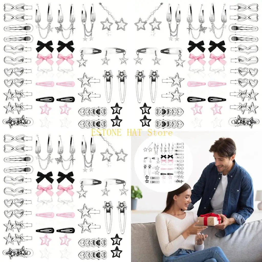 49mf-1-パックのクリエイティブフリンジチェーンちょう結びスターヘアクリップセットトレンディなメタルヘアアクセサリー女性と女の子のため