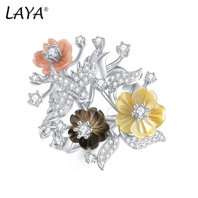 LAYA Ring For Women Finger Ring Red Yellow Black Natural Shell Flower Shining Zircon 925 Sterling Silver anillos Fashion Jewelry