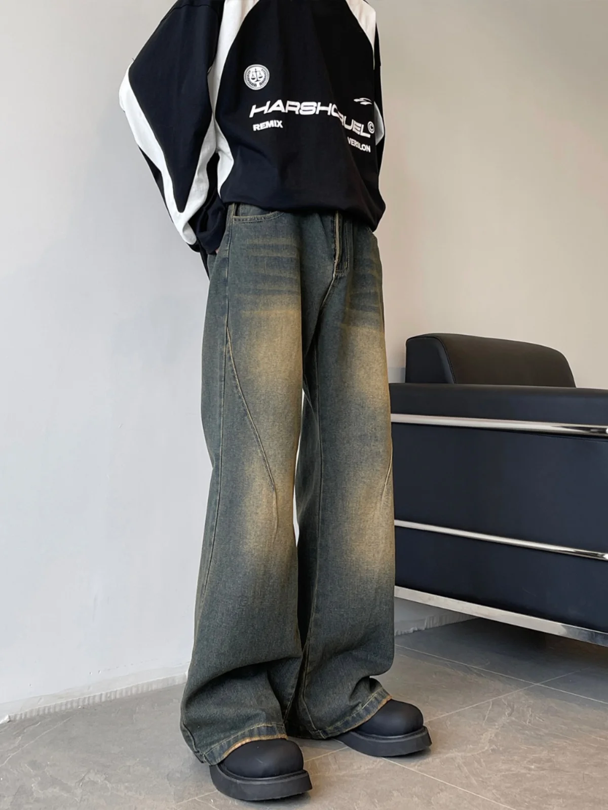 

Мужские джинсы в американском ретро-стиле, свободные прямые брюки с эффектом потертости, осенне-зимние, повседневные, молодежные, модные