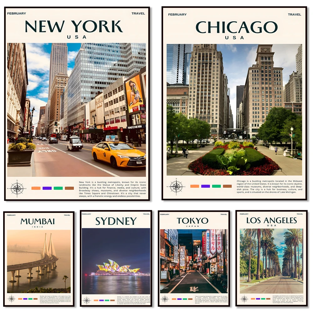 American landscape posters of New York, Los Angeles, Mumbai, London, Delhi, Tokyo, Seattle, Boston, Istanbul, Prague, Sydney