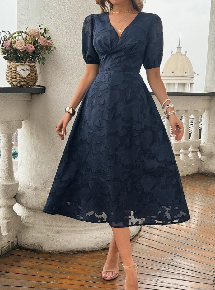 

Literary Style for Women 2024 Summer Medium Length Skirt Elegant Short Sleeved V-Shaped Collar High Waisted Retro Elegant Dress