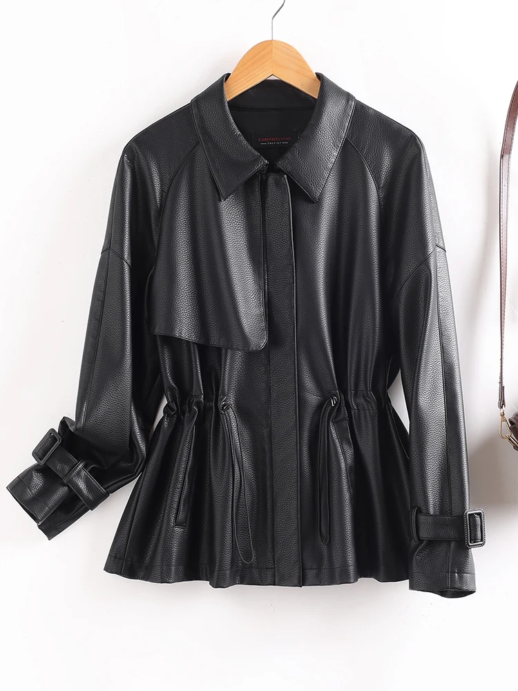   Ning Cappotto in vera pelle da donna di media lunghezza ingombrante in vita modello litchi primavera autunno dimagrante coreano Sle eepski...
