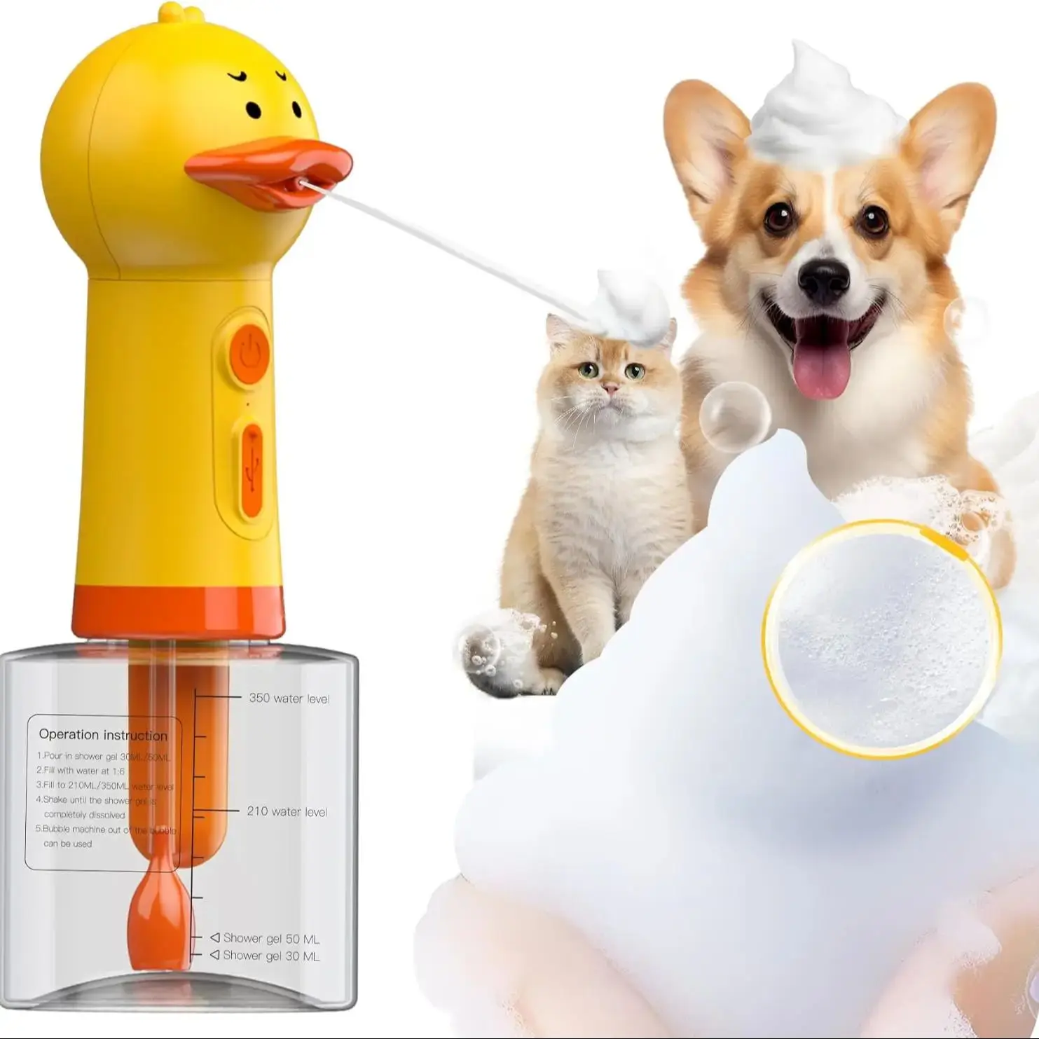 Dispensador eléctrico de champú para perro, pulverizador de pato para mascotas, dispensador de jabón espumoso para bañera, fregadero de cocina